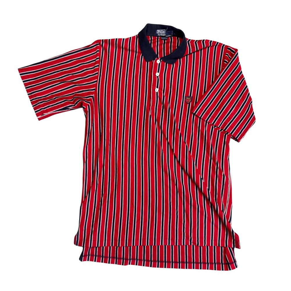 Polo Ralph Lauren Mens Red‎ Navy White Striped Cotton Polo Shirt Large